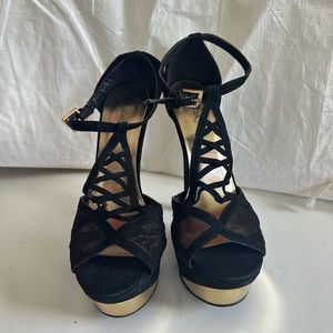 QUPID BLACK STRAPPY STILETTO OPEN TOE PUMP SHOE HIGH HEEL PLATFORM 8.5
